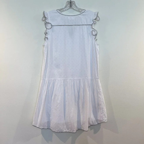 FLANNEL White Cotton Ruffled Tassle Tie Bohemian Cottagecore Designer Mini Dress - Picture 9 of 9